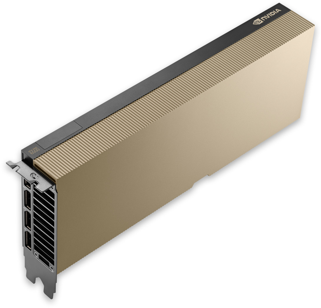 Tarjeta NVIDIA RTX PRO 6000 Blackwell Server Edition vista en diagonal, con la salida de cuatro DisplayPort visible
